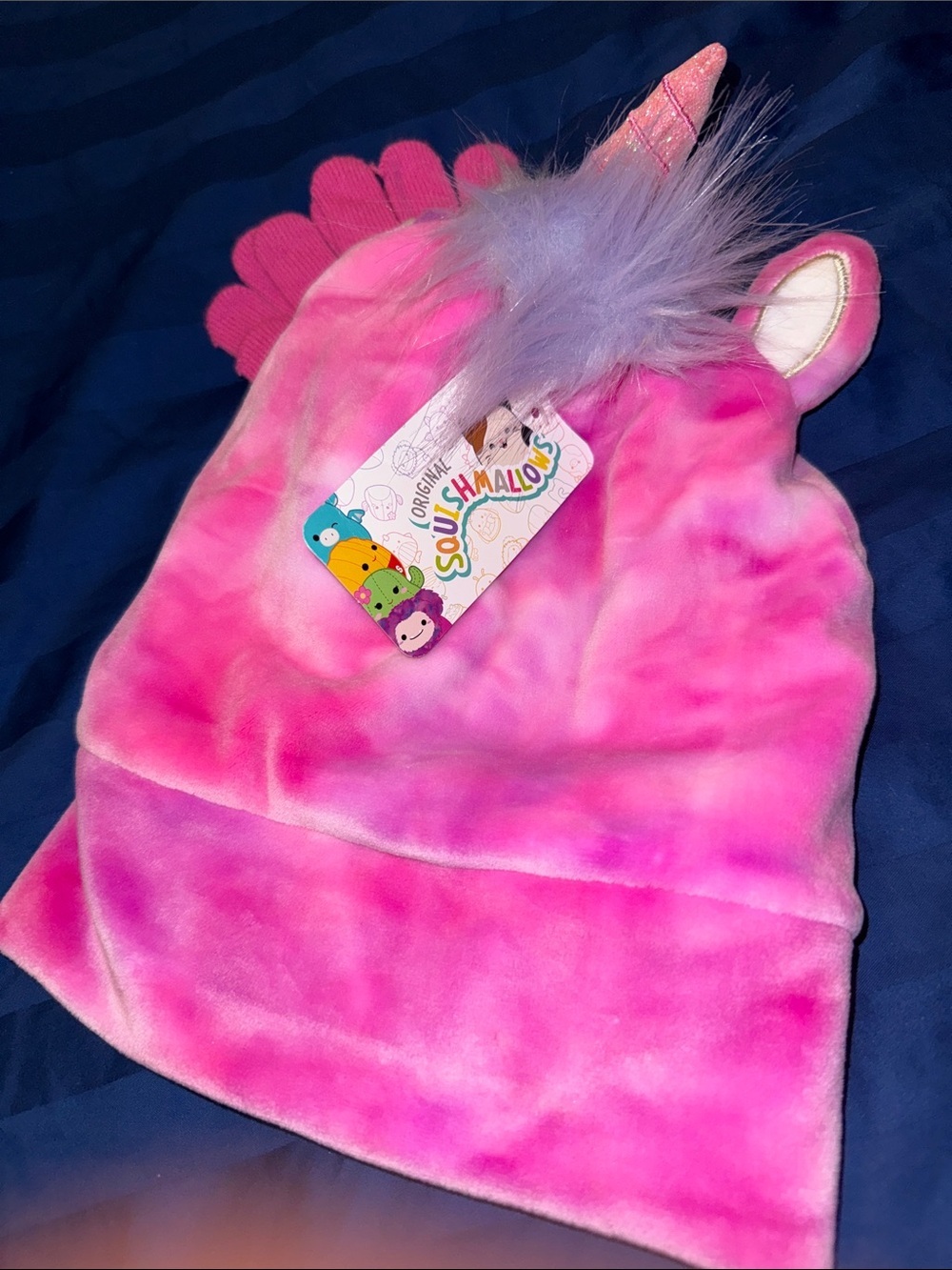 Squishmallows Pink Unicorn Beanie Hat with Horn and gloves